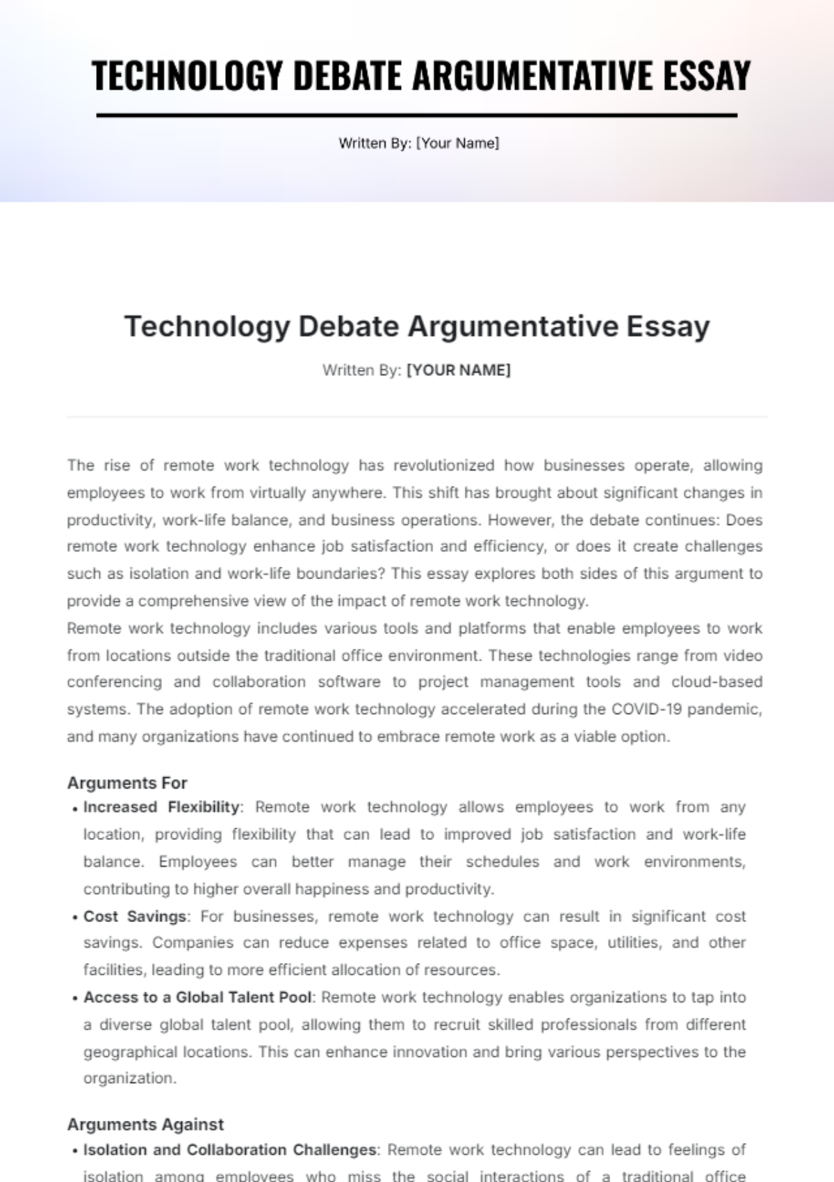 Technology Debate Argumentative Essay Template - Edit Online & Download