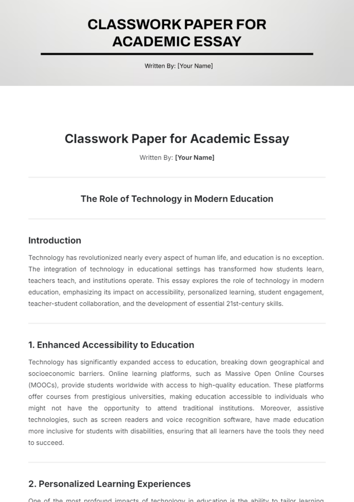 Classwork Paper for Academic Essay Template - Edit Online & Download