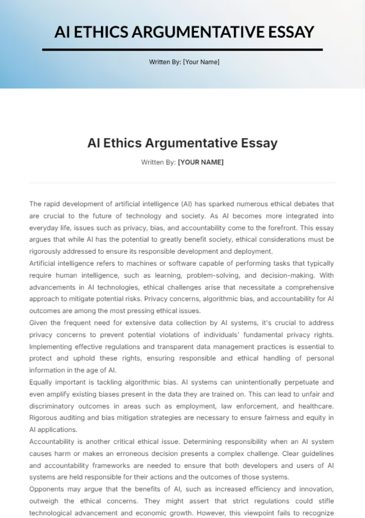 AI Ethics Argumentative Essay Template - Edit Online & Download