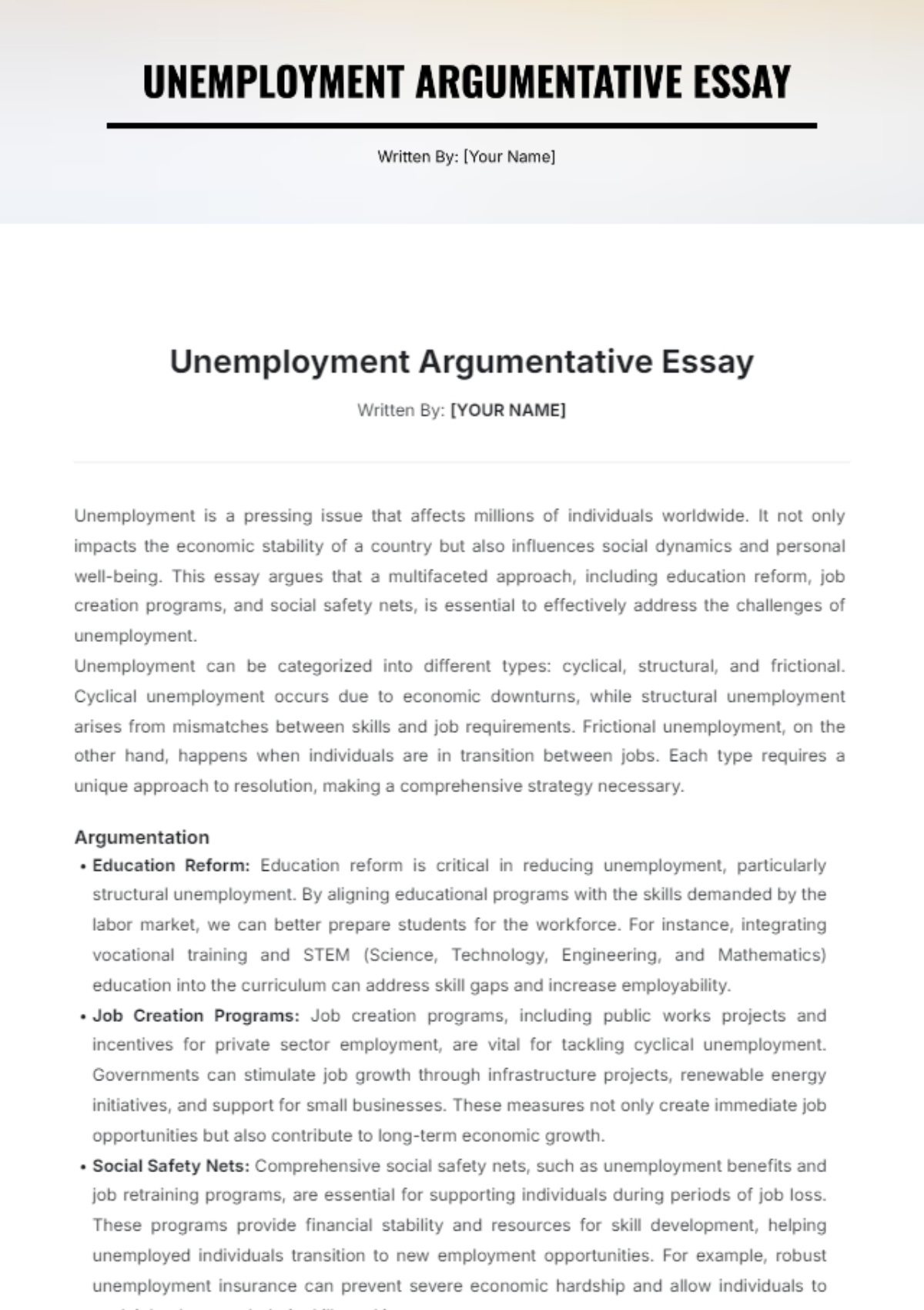 Unemployment Argumentative Essay Template - Edit Online & Download