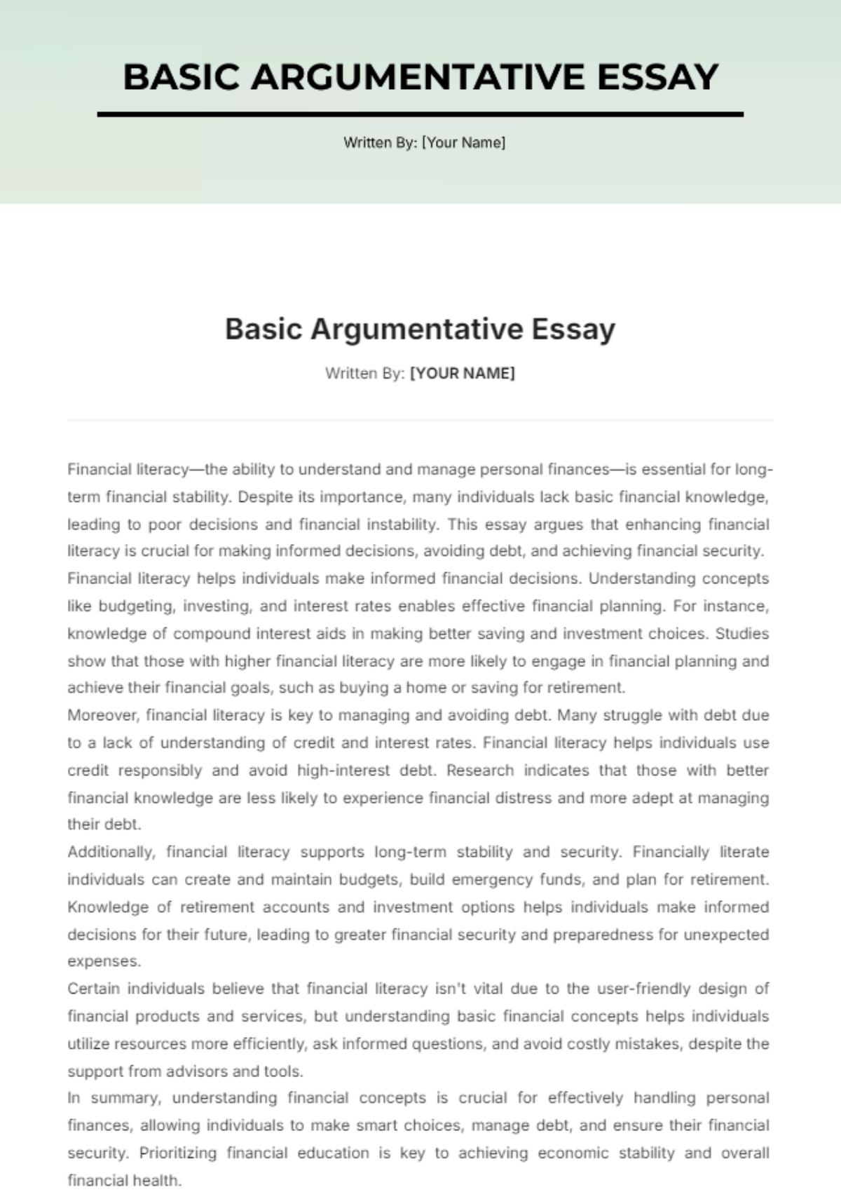 Basic Argumentative Essay Template - Edit Online & Download