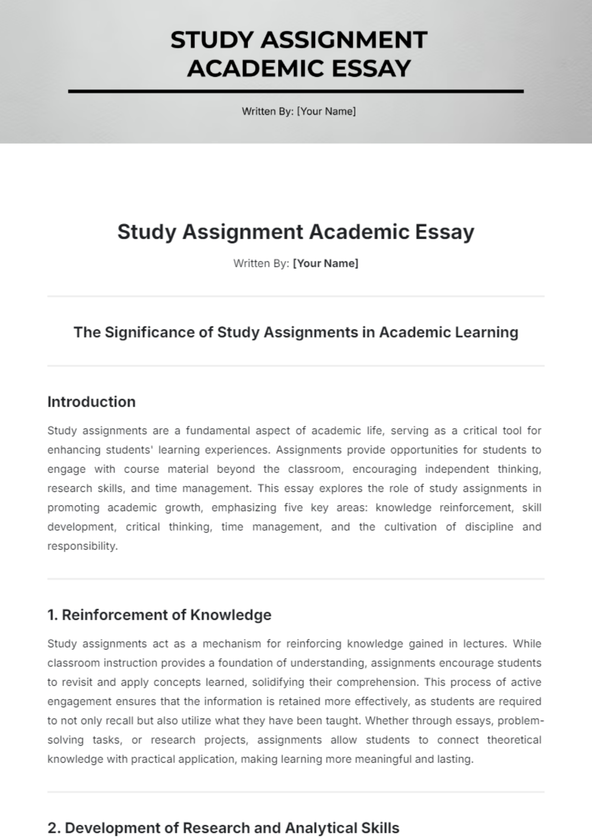 Study Assignment Academic Essay Template - Edit Online & Download