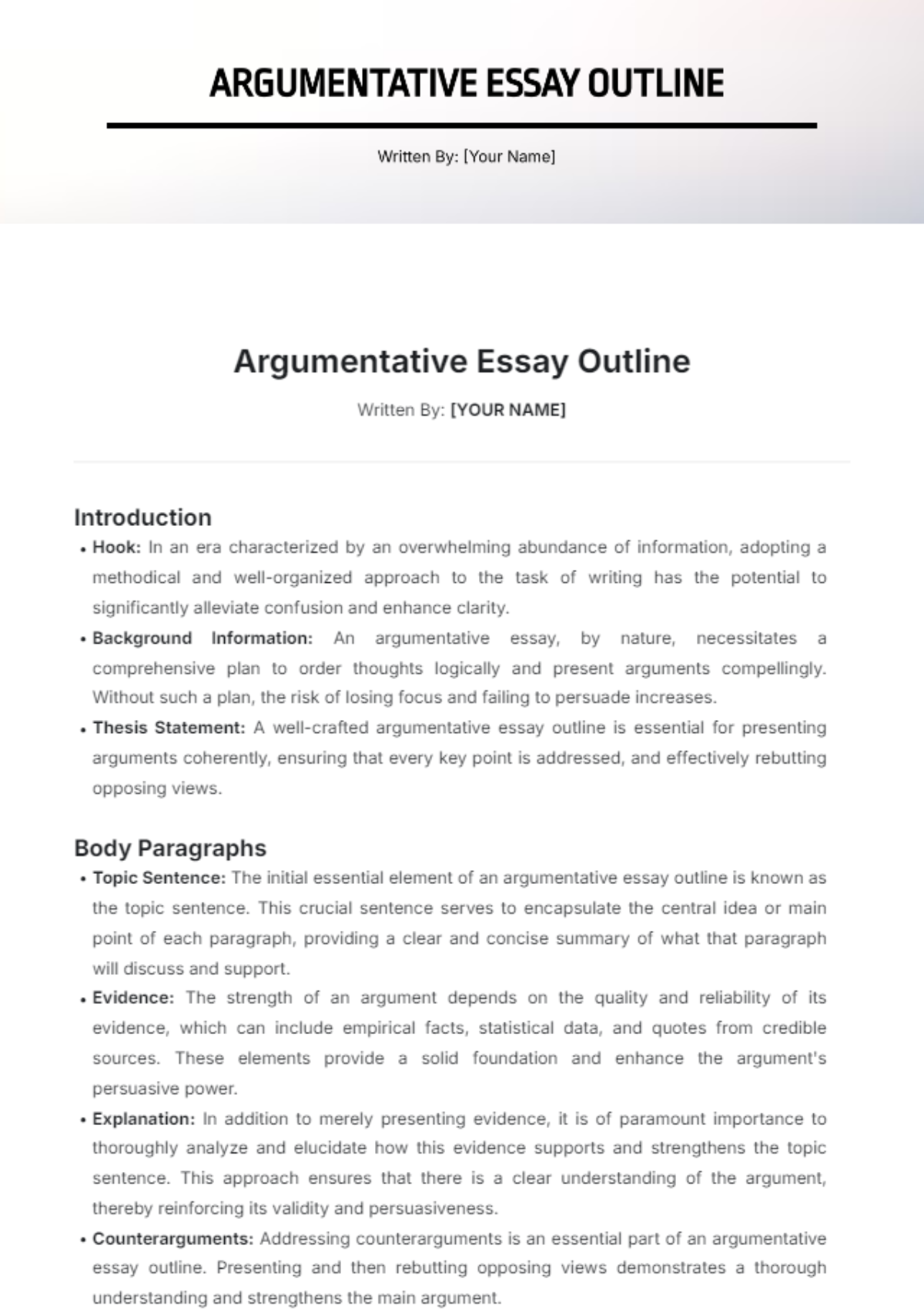 Argumentative Essay Outline Template | Template.net