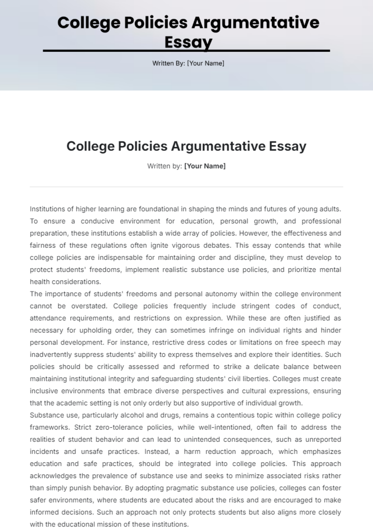 College Policies Argumentative Essay Template - Edit Online & Download