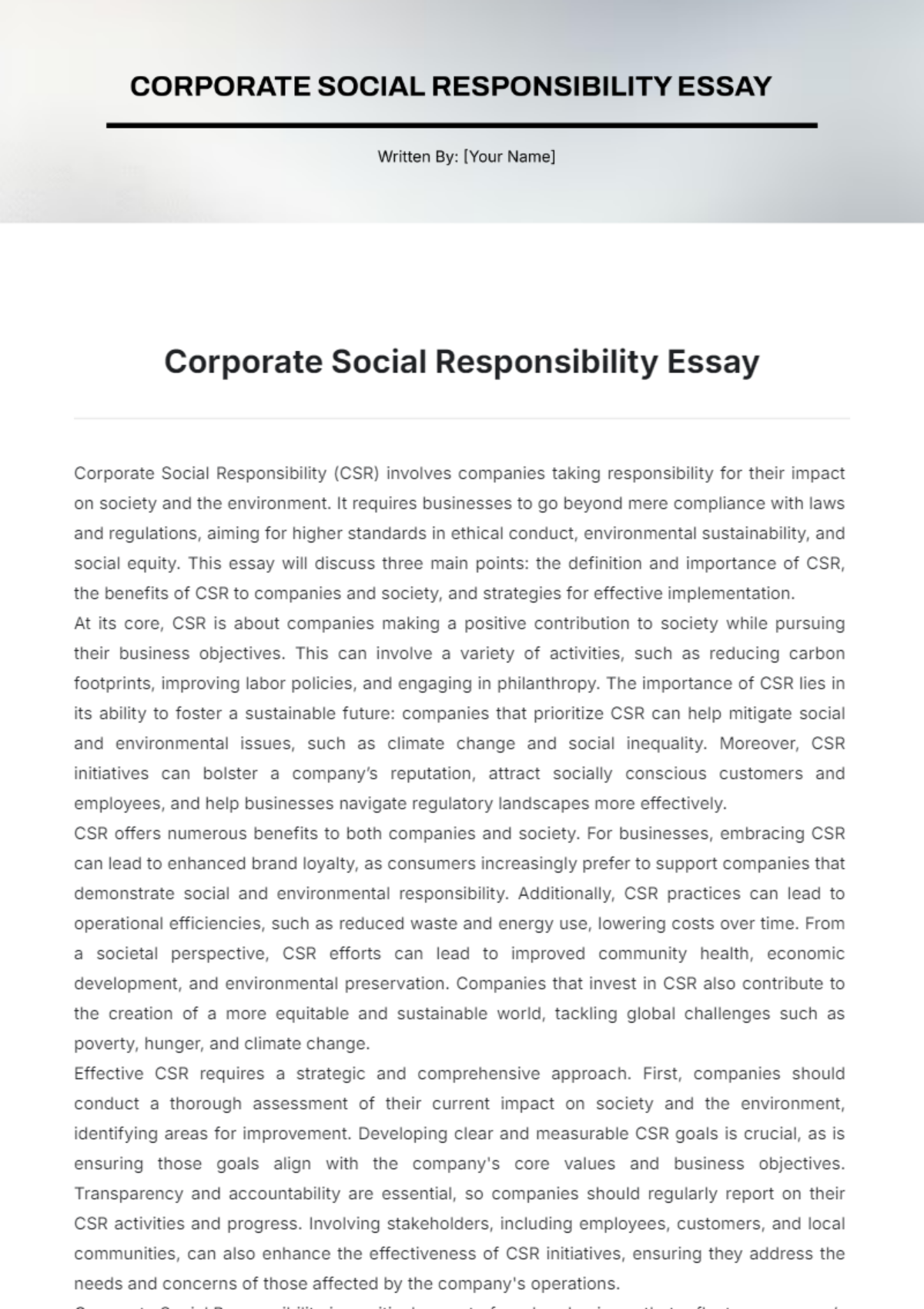 Corporate Social Responsibility Essay Template - Edit Online & Download