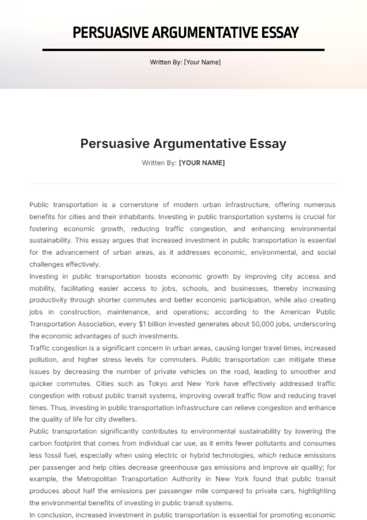 Persuasive Argumentative Essay Template - Edit Online & Download