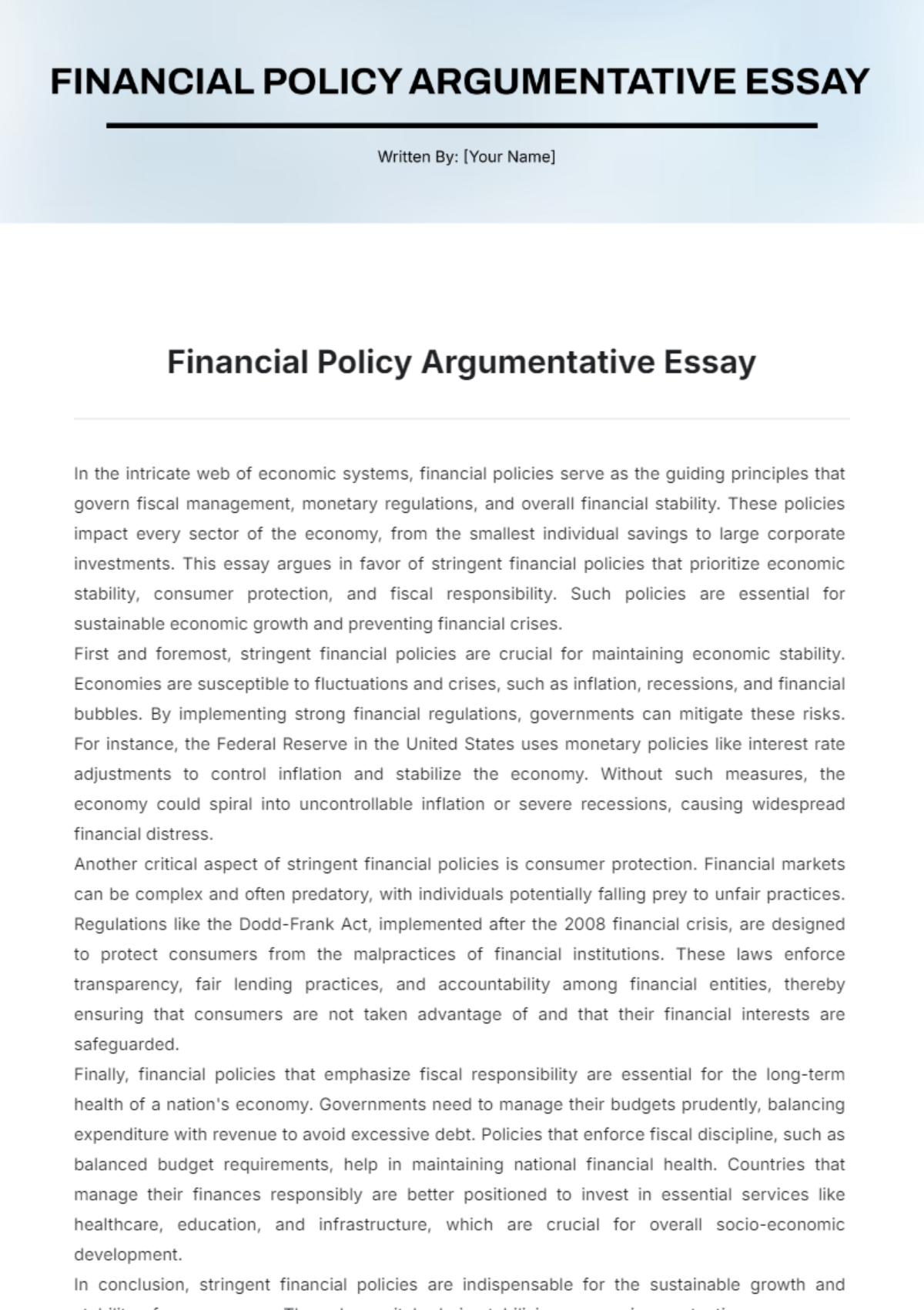 Financial Policy Argumentative Essay Template - Edit Online & Download