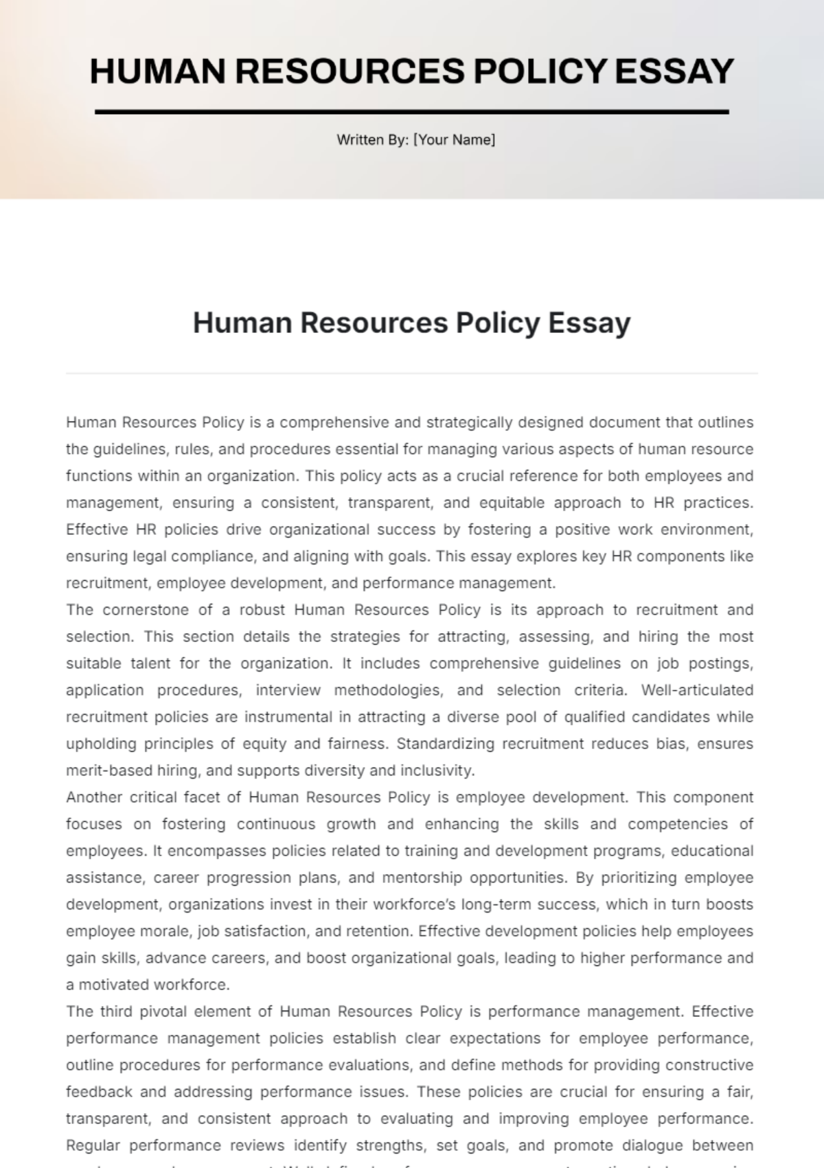 Human Resources Policy Essay Template - Edit Online & Download