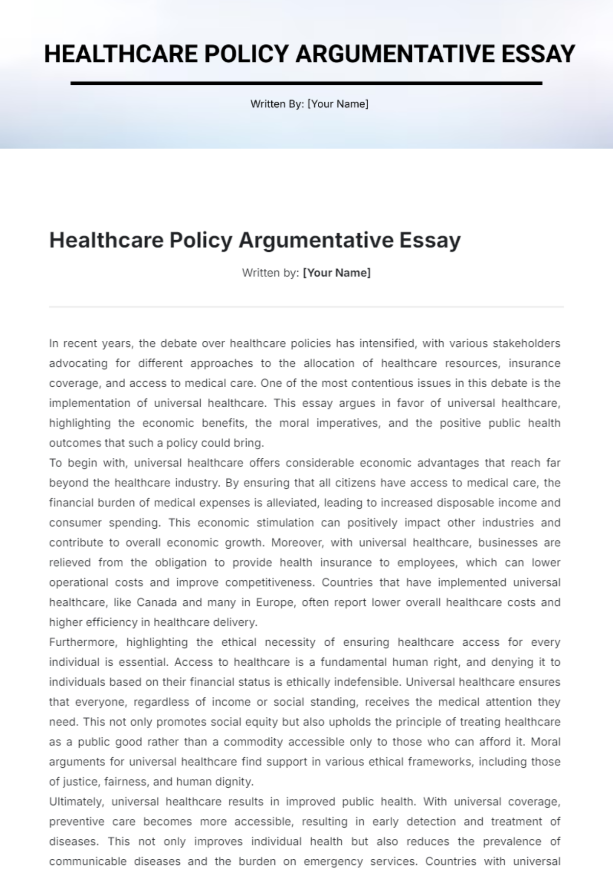 Healthcare Policy Argumentative Essay Template - Edit Online & Download