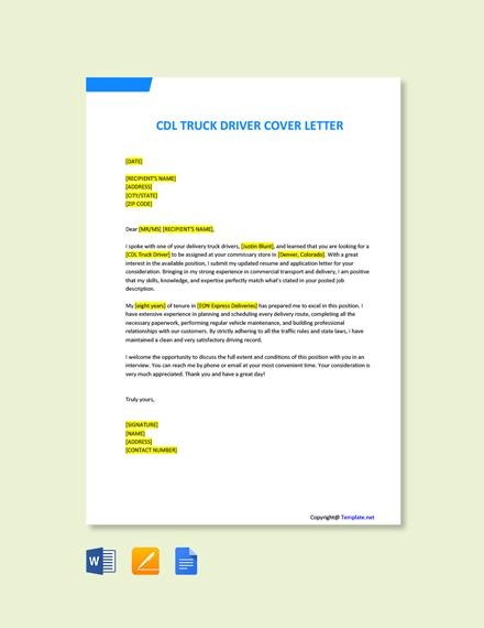 Cdl Truck Driver Cover Letter Template Google Docs Word Apple Pages Template Net