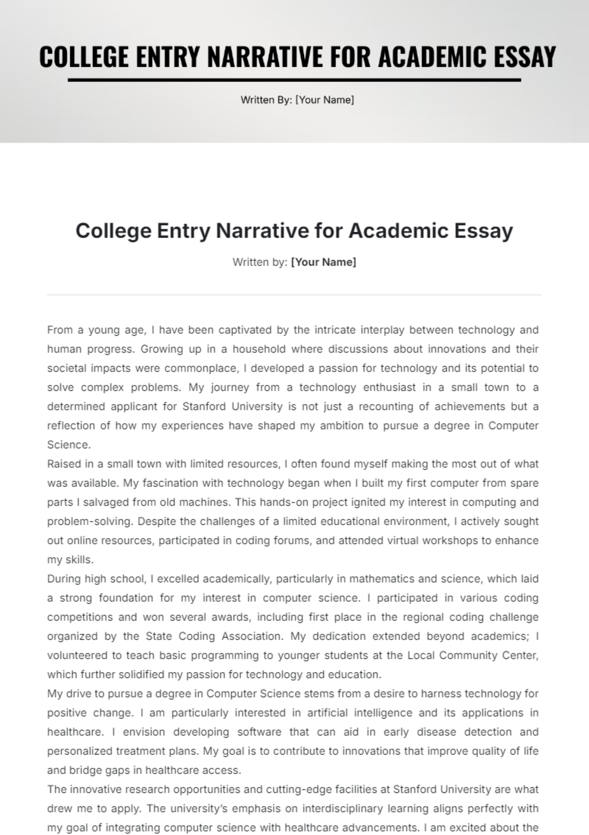 College Entry Narrative for Academic Essay Template - Edit Online & Download