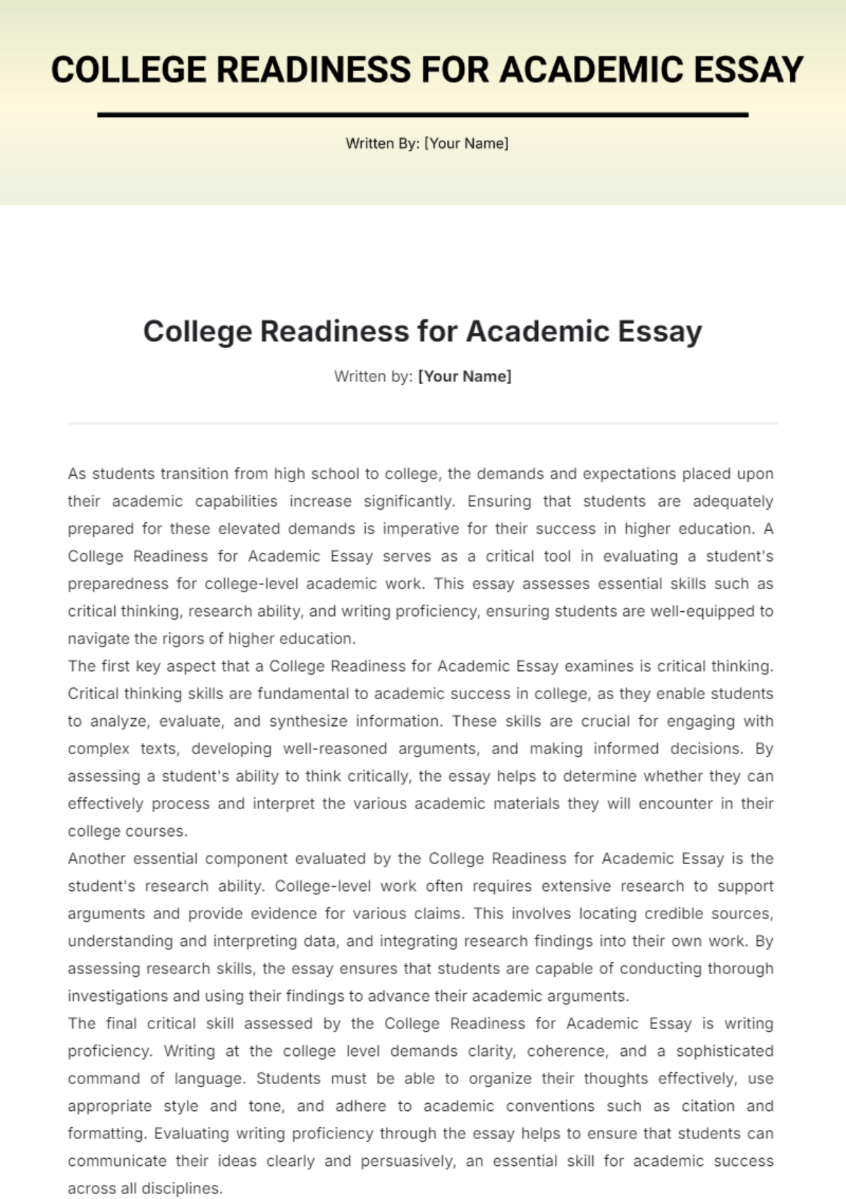 College Readiness for Academic Essay Template - Edit Online & Download