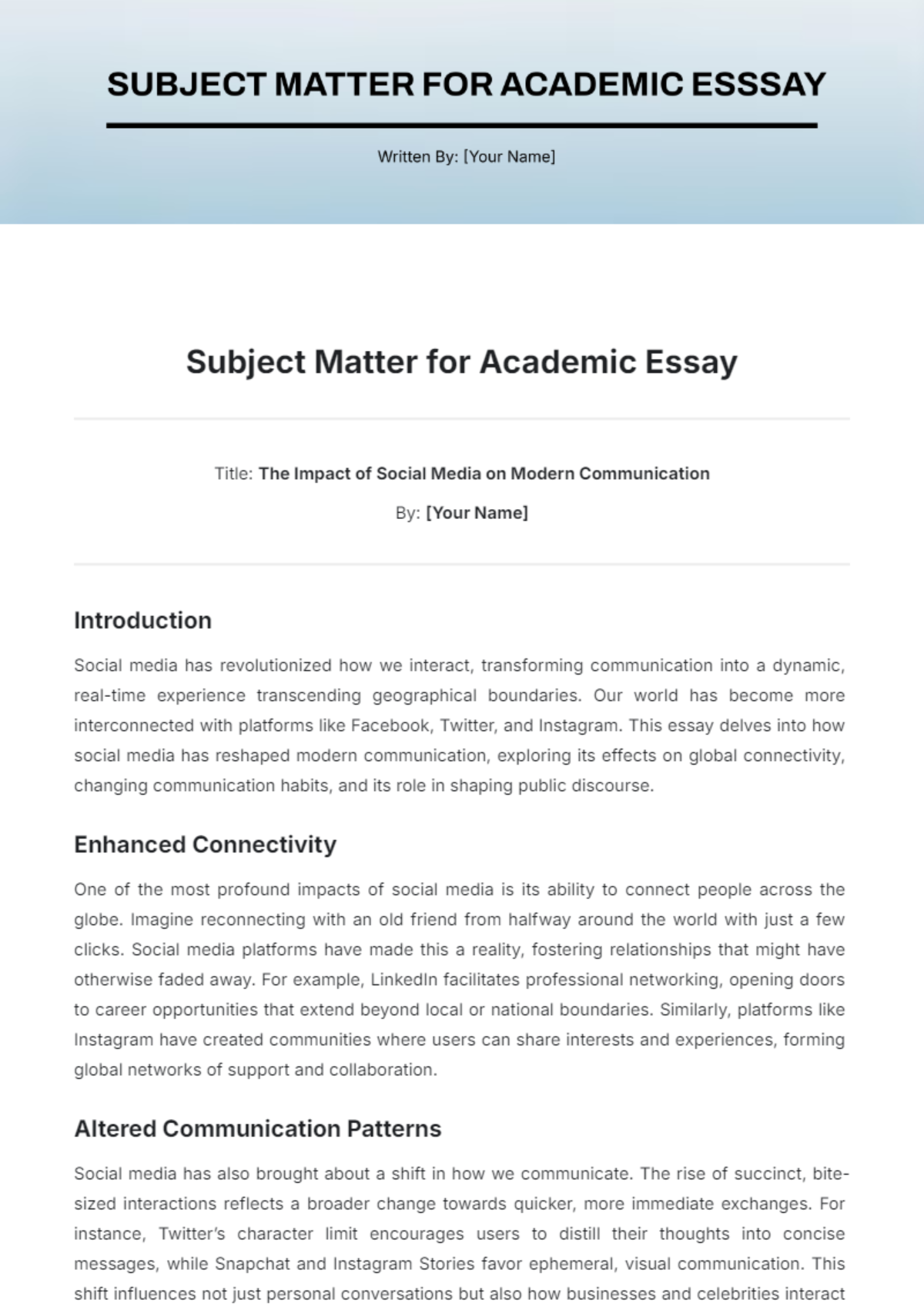 Subject Matter for Academic Essay Template - Edit Online & Download