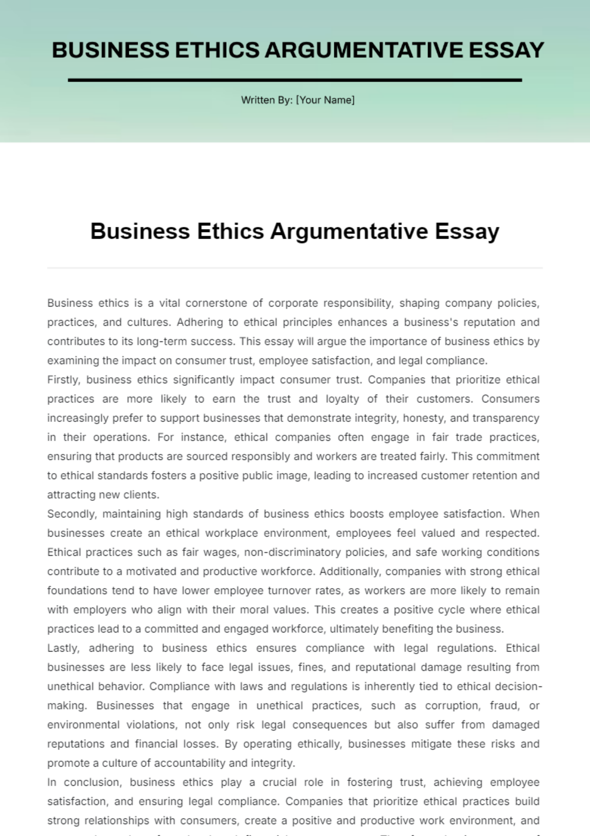 Business Ethics Argumentative Essay Template - Edit Online & Download