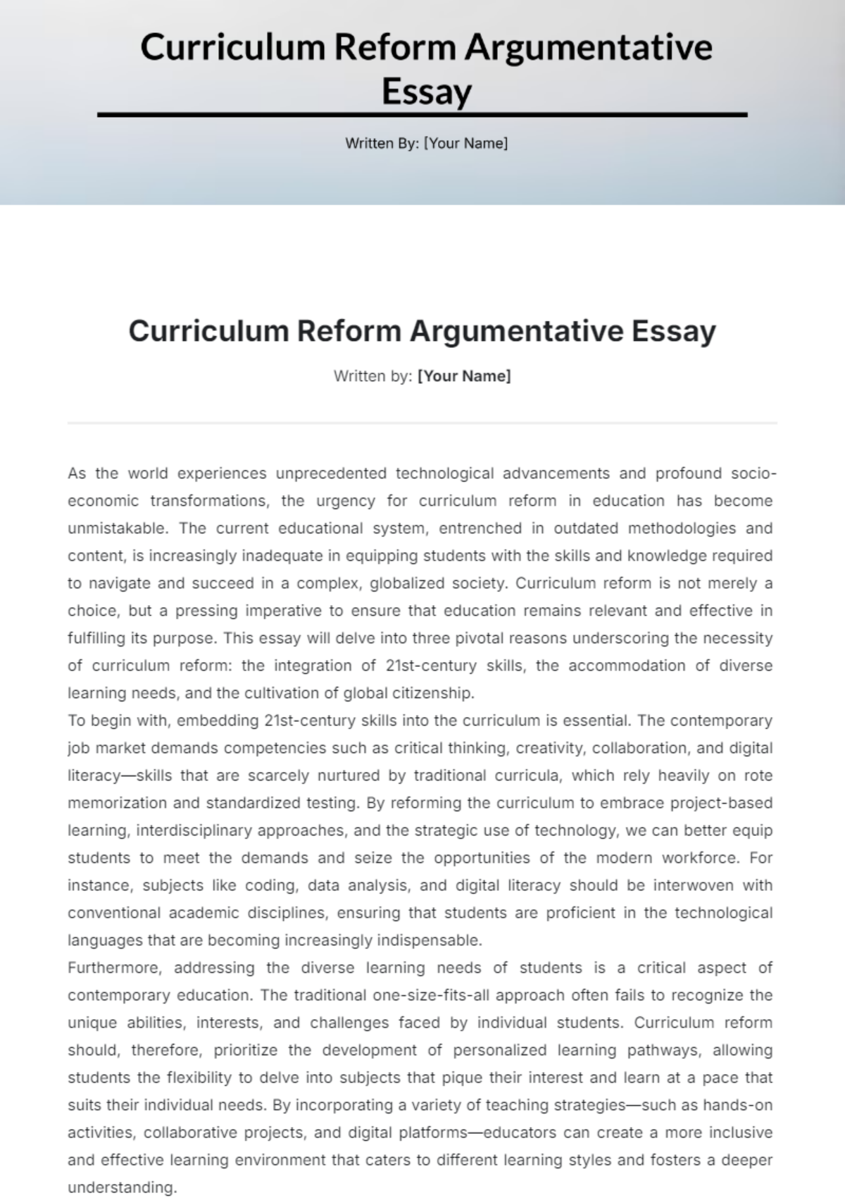 Curriculum Reform Argumentative Essay Template - Edit Online & Download