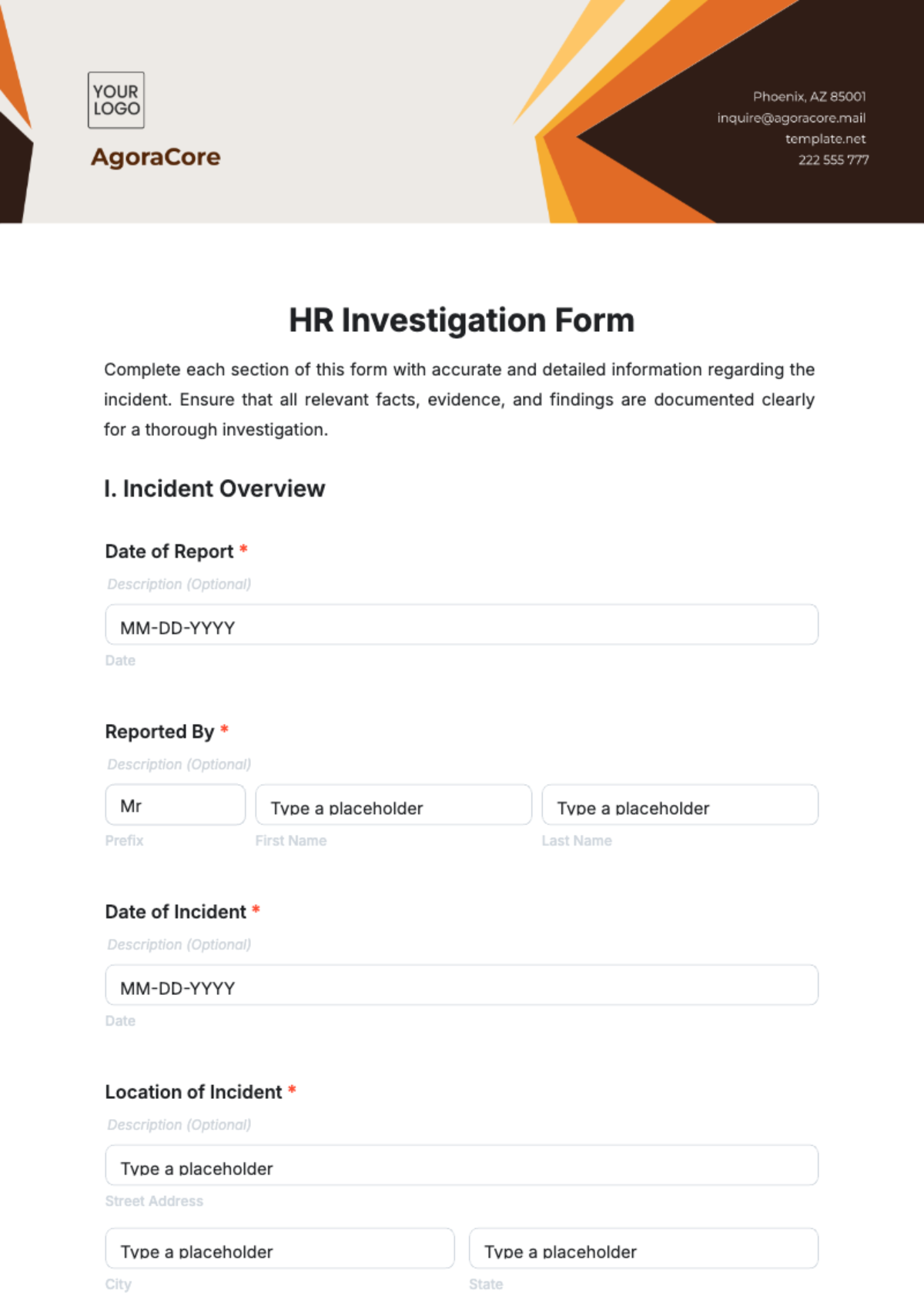 Free HR Investigation Form Template