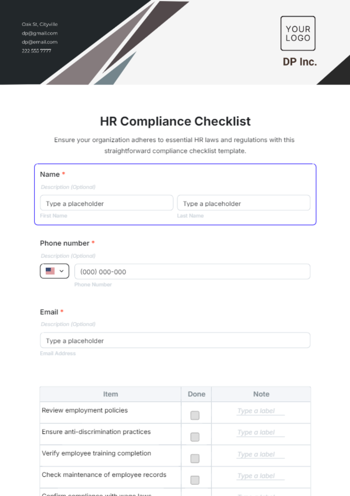 Free HR Compliance Checklist Template