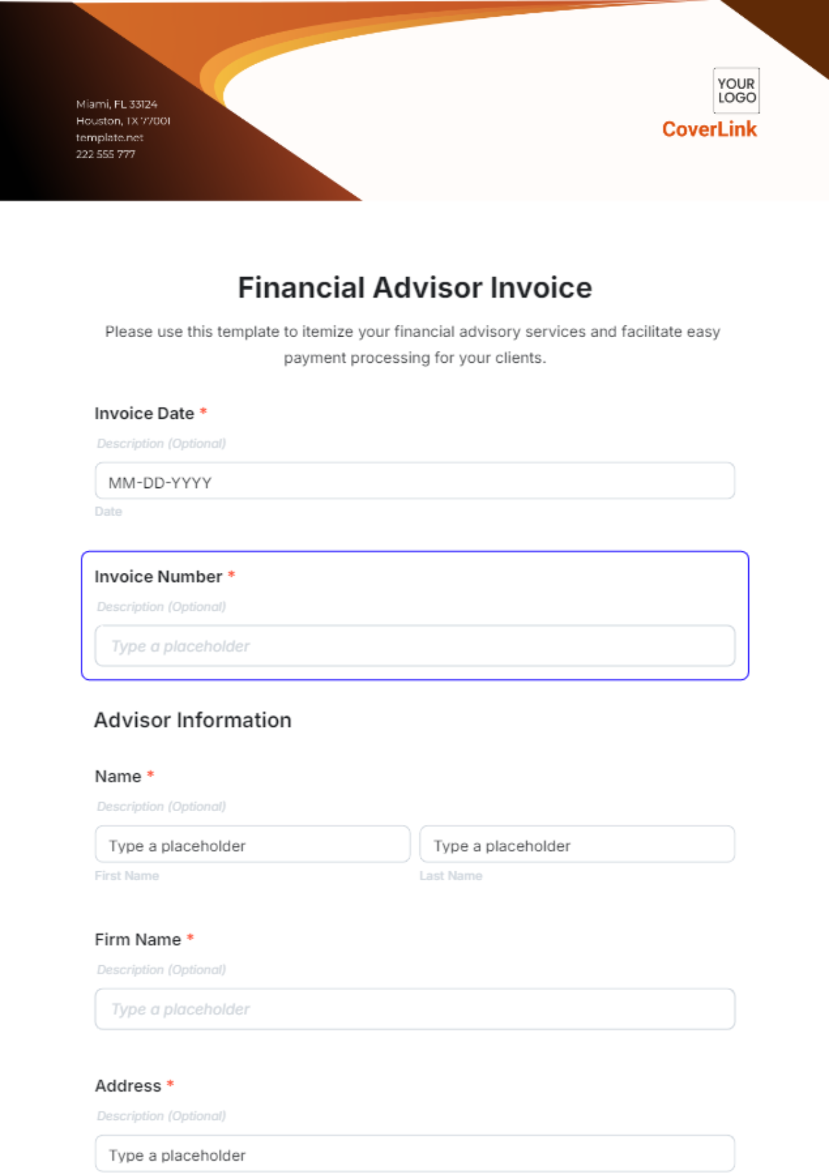 Financial Advisor Invoice Template - Edit Online & Download