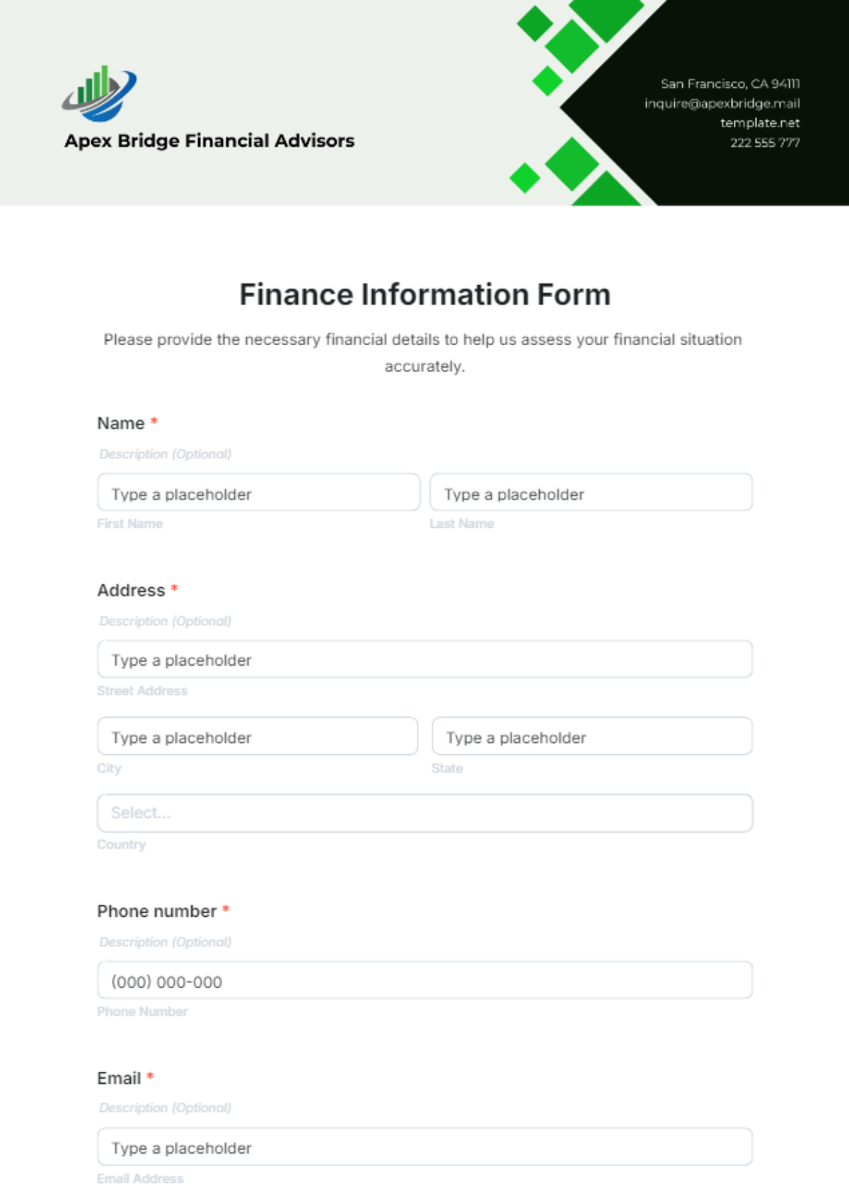 Free Finance Information Form Template