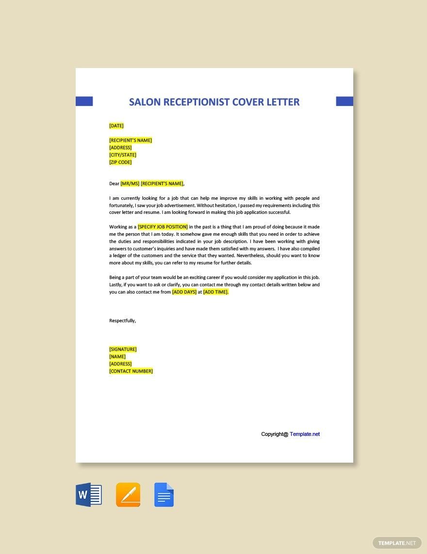 Free Hair Salon Receptionist Cover Letter Template