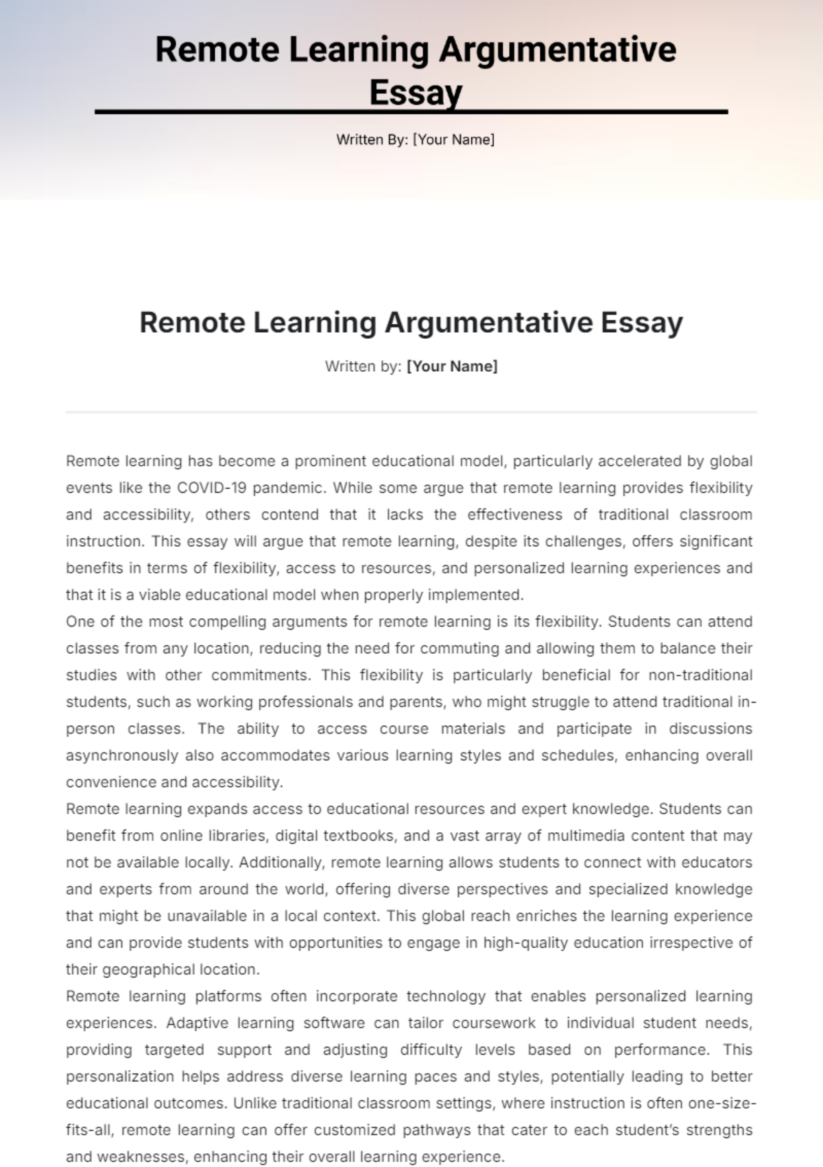 Remote Learning Argumentative Essay Template - Edit Online & Download