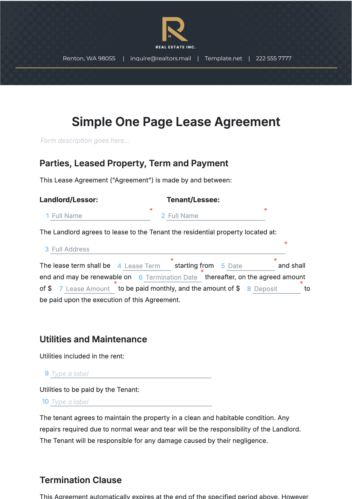 Simple One Page Lease Agreement Template - Edit Online & Download