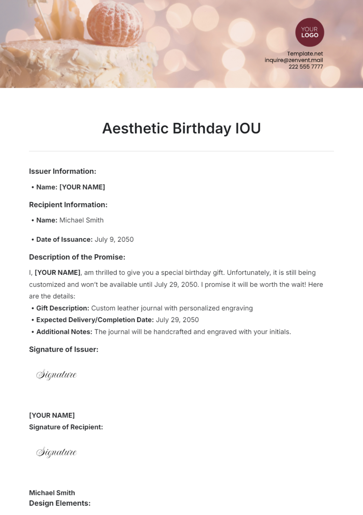 Aesthetic Birthday IOU Template - Edit Online & Download