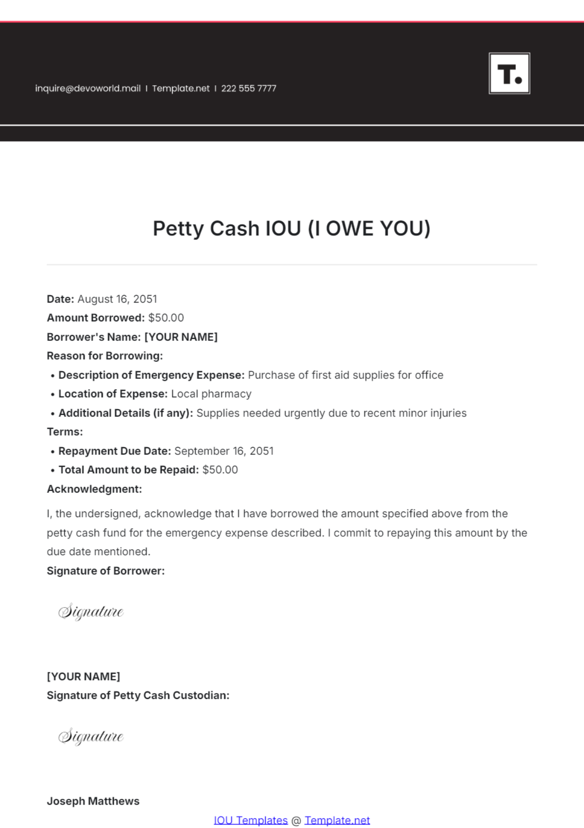 Petty Cash IOU Template - Edit Online & Download