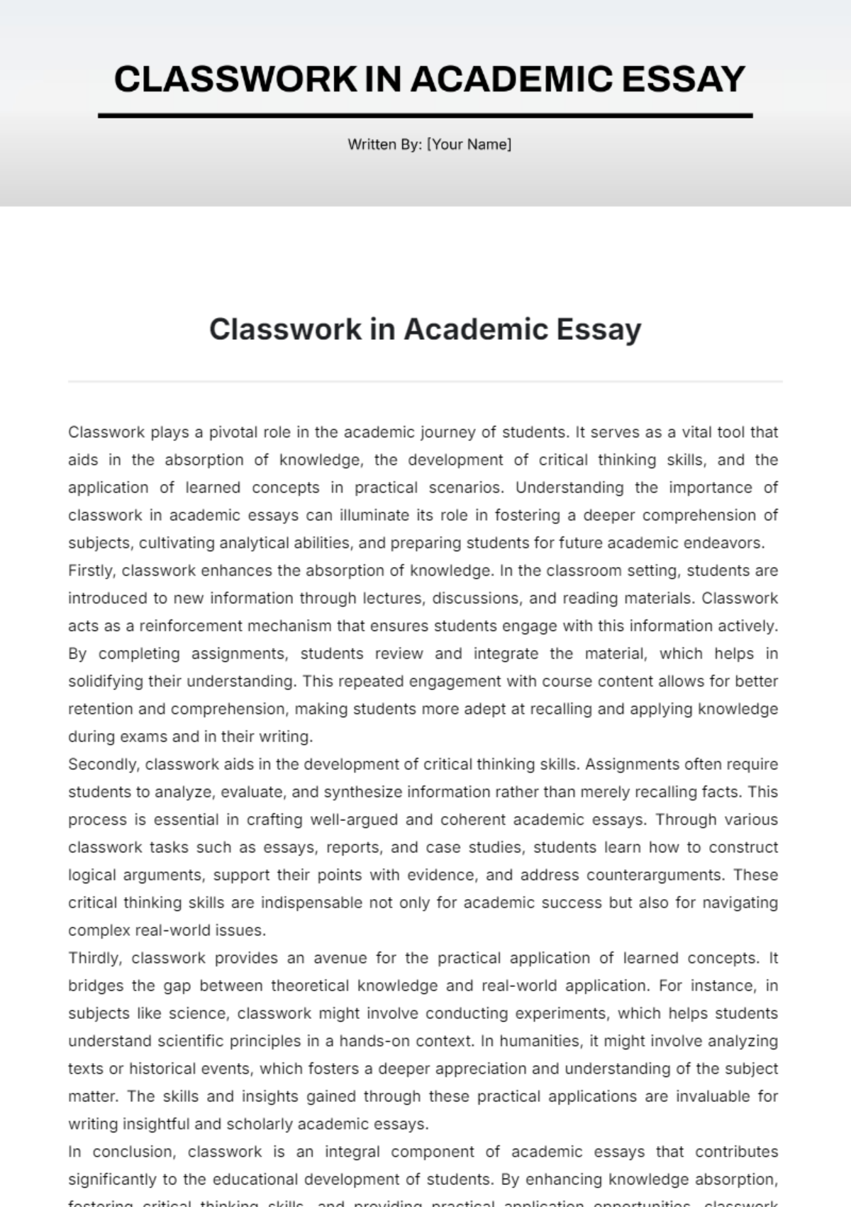 Classwork in Academic Essay Template - Edit Online & Download