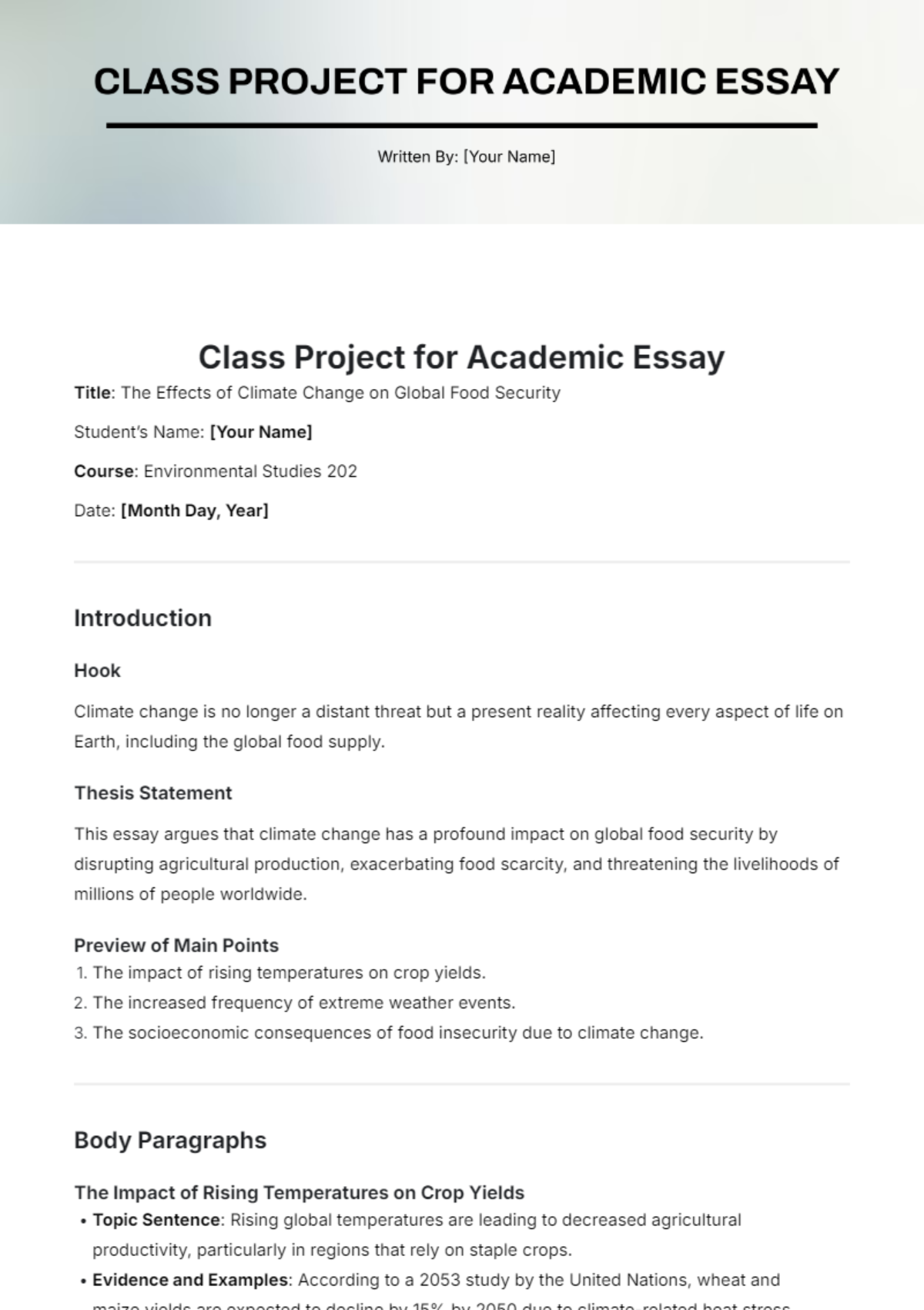 Class Project for Academic Essay Template - Edit Online & Download