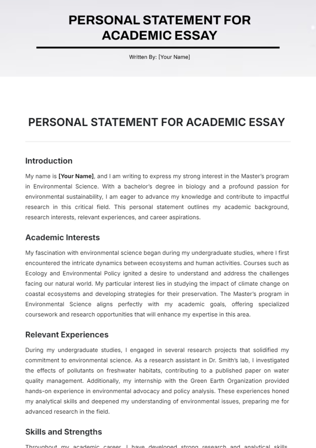 Personal Statement for Academic Essay Template - Edit Online & Download