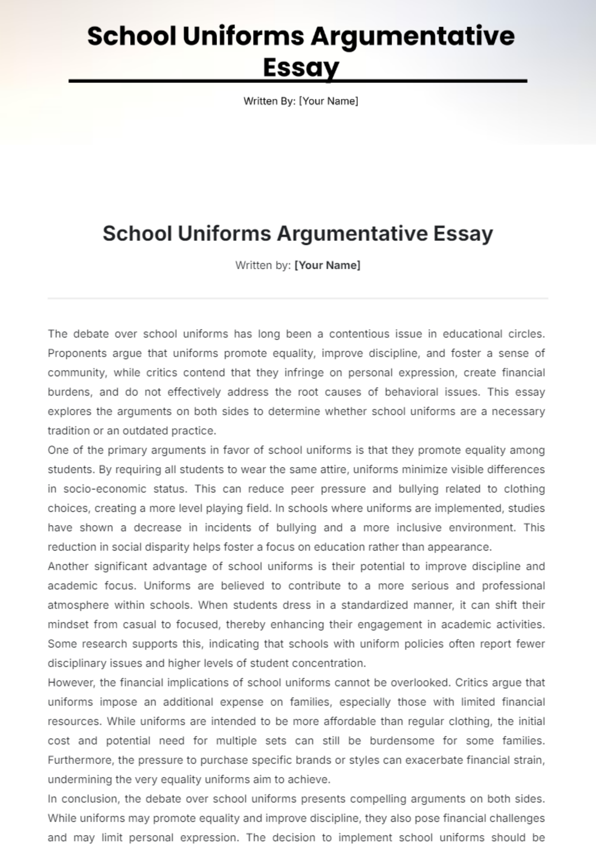 School Uniforms Argumentative Essay Template - Edit Online & Download