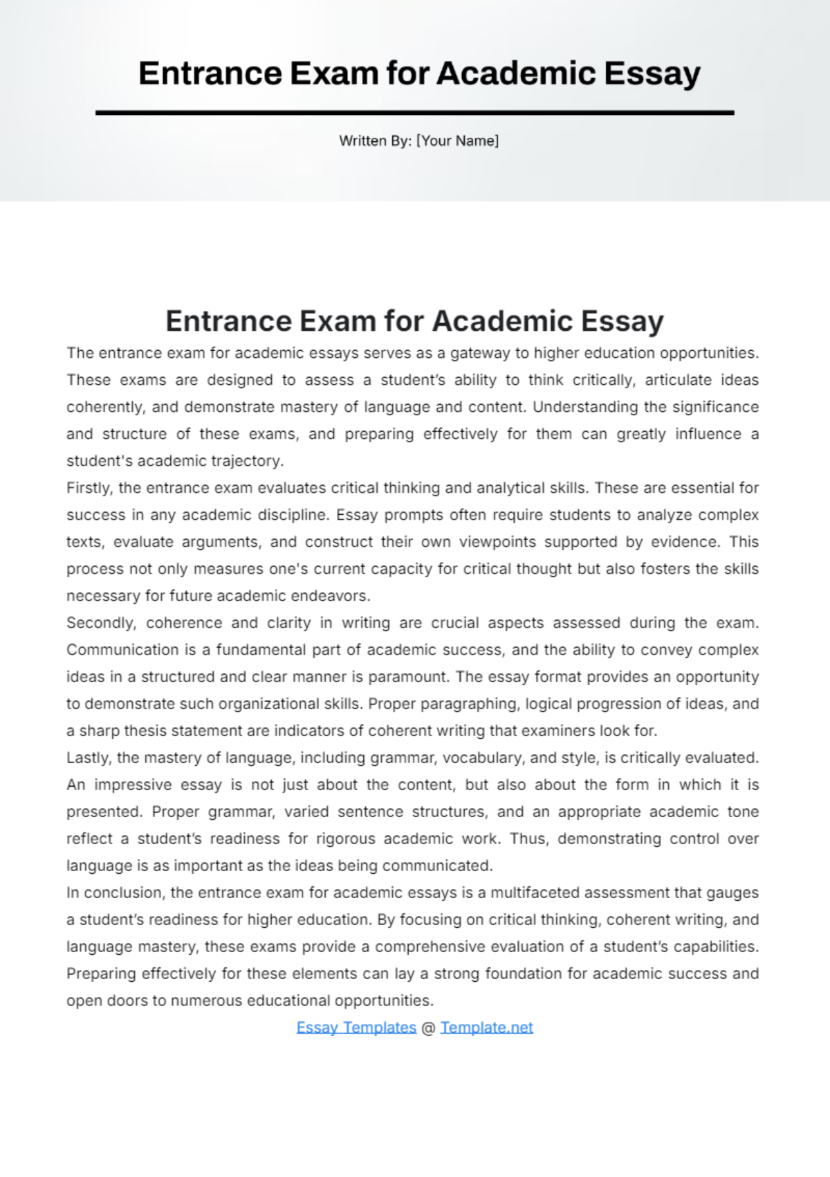 Entrance Exam for Academic Essay Template - Edit Online & Download