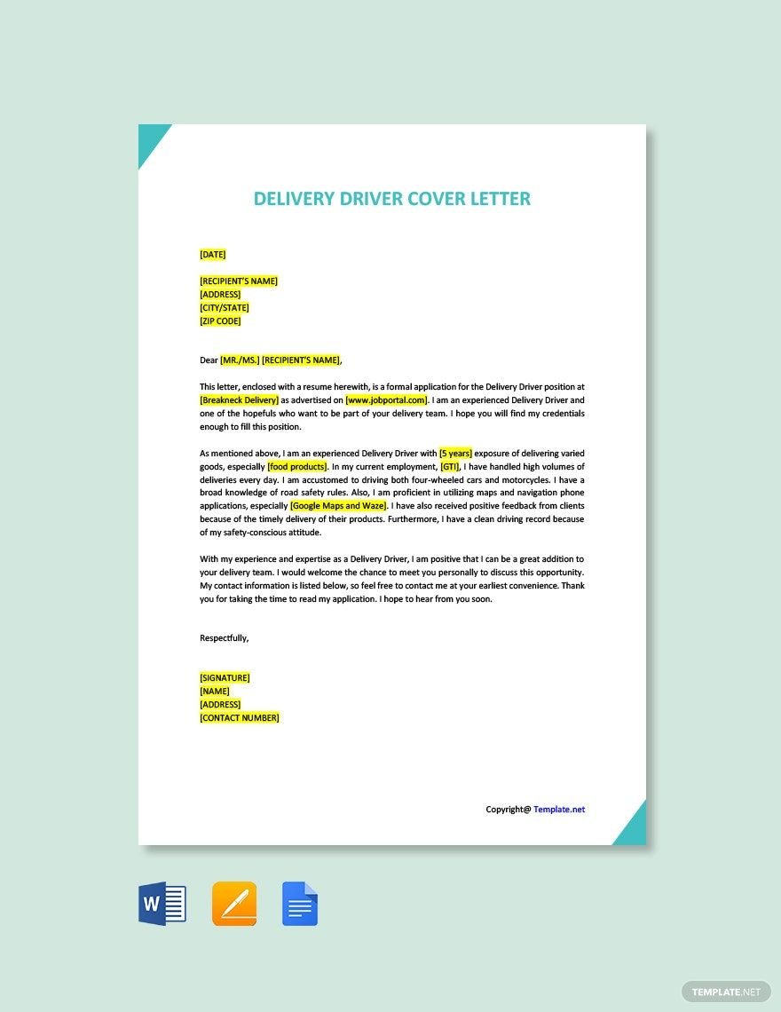 Free Delivery Driver Cover Letter Template