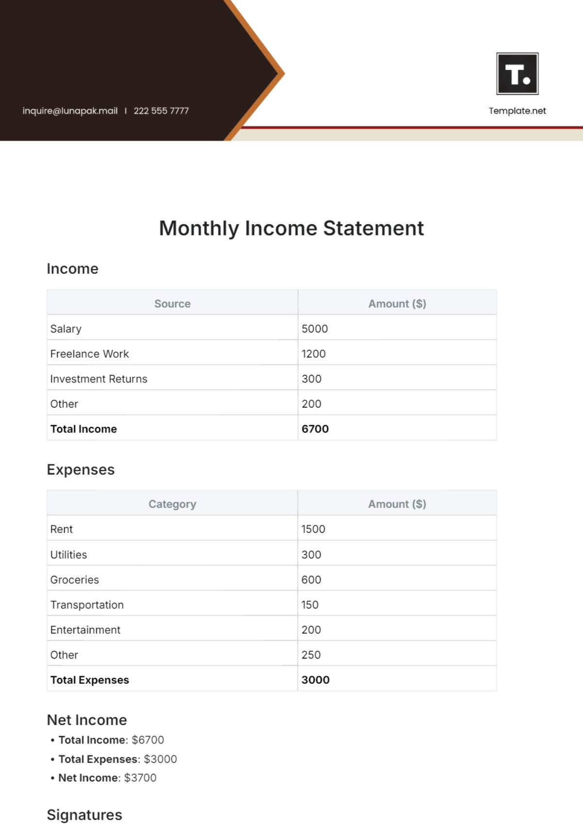 Monthly Income Statement Template