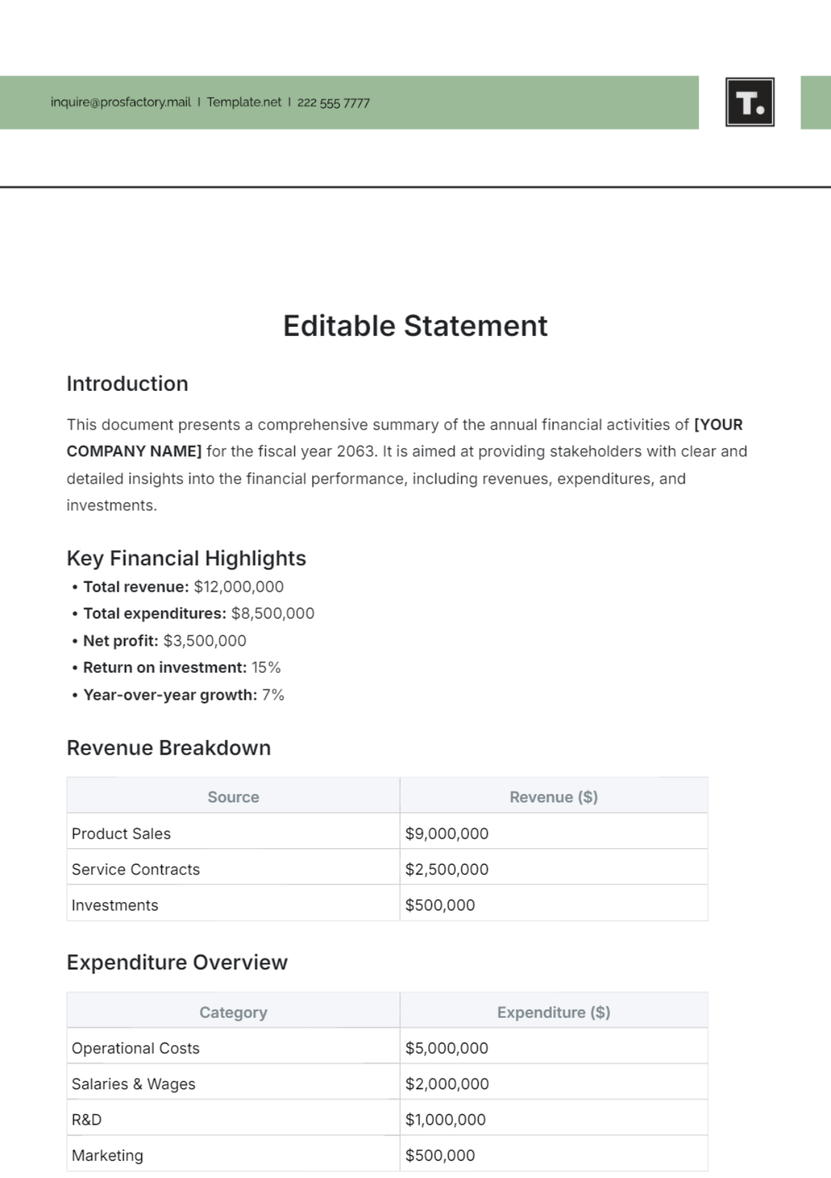 Editable Statement Template