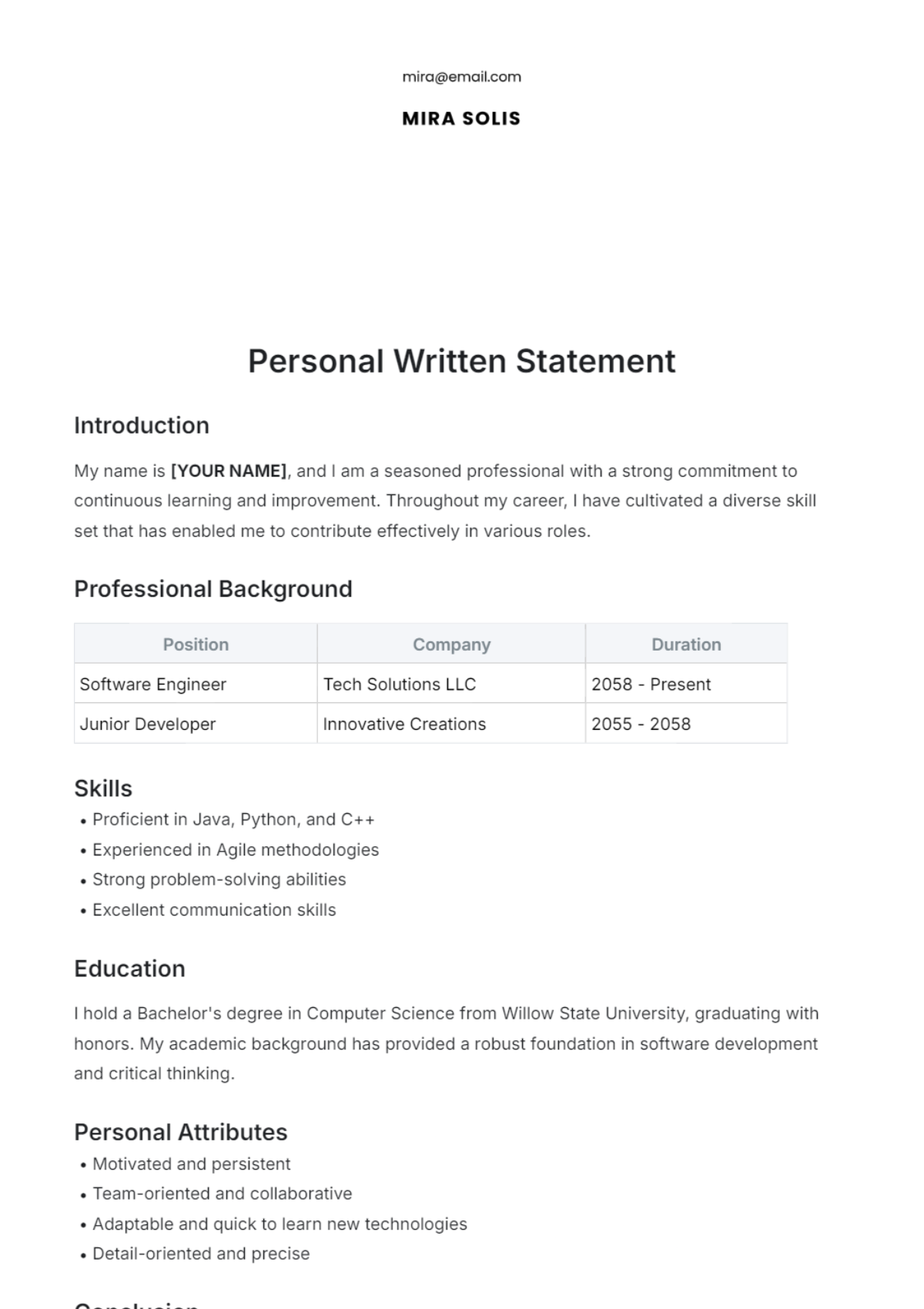 Personal Written Statement Template