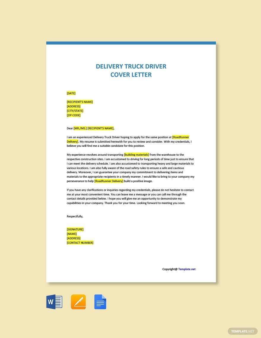Delivery Truck Driver Cover Letter Template