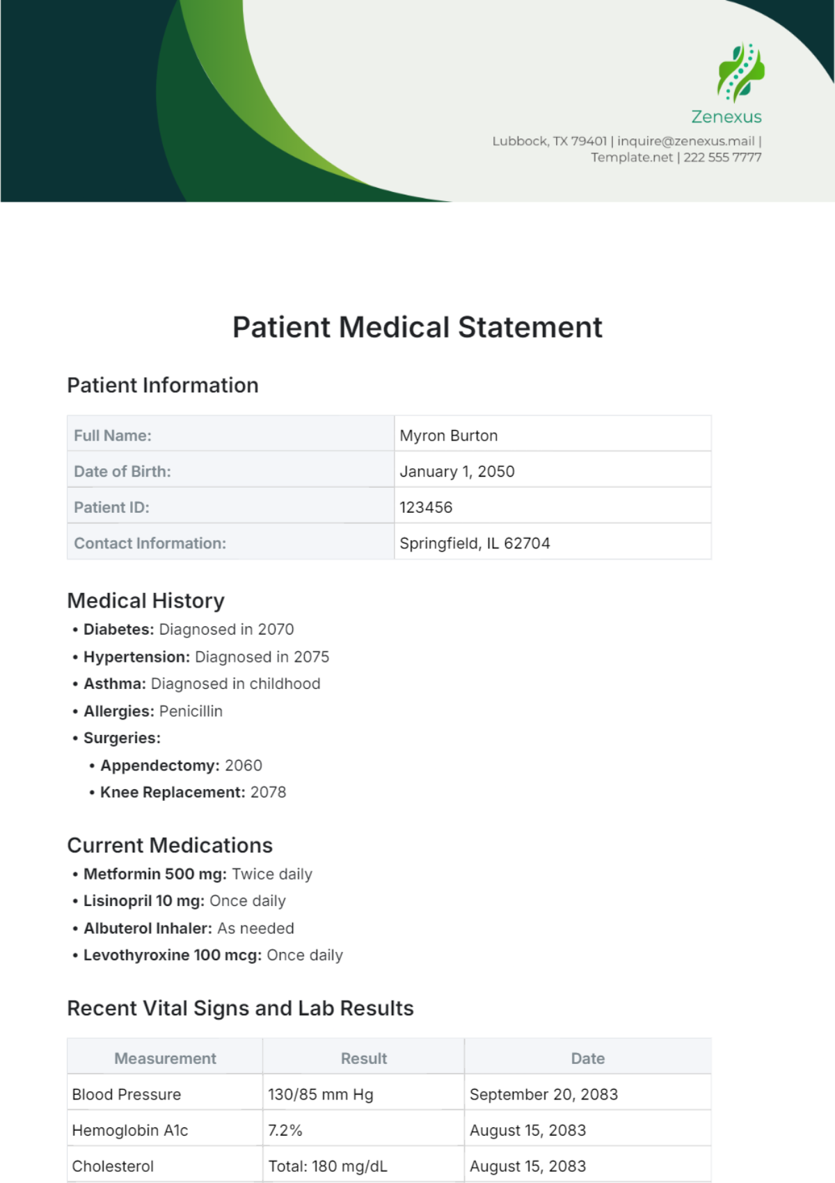 Patient Medical Statement Template