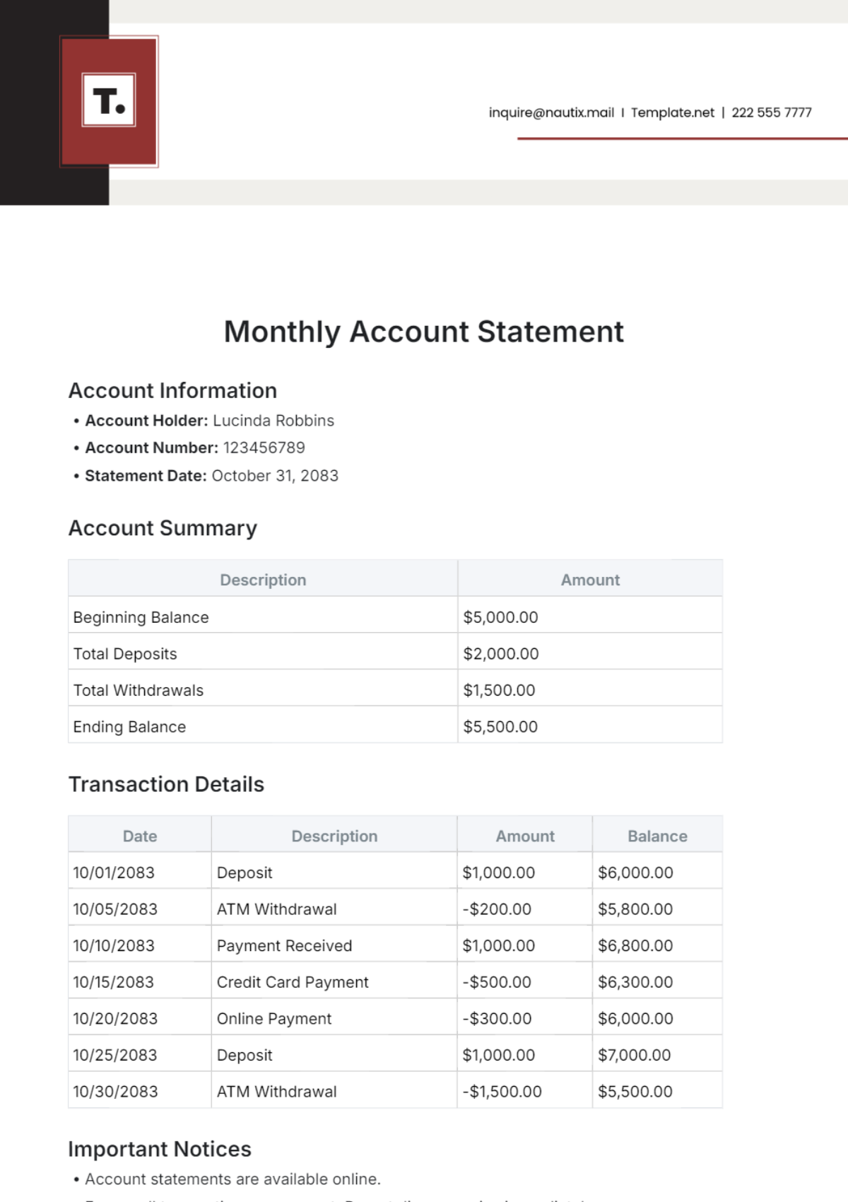 Monthly Account Statement Template