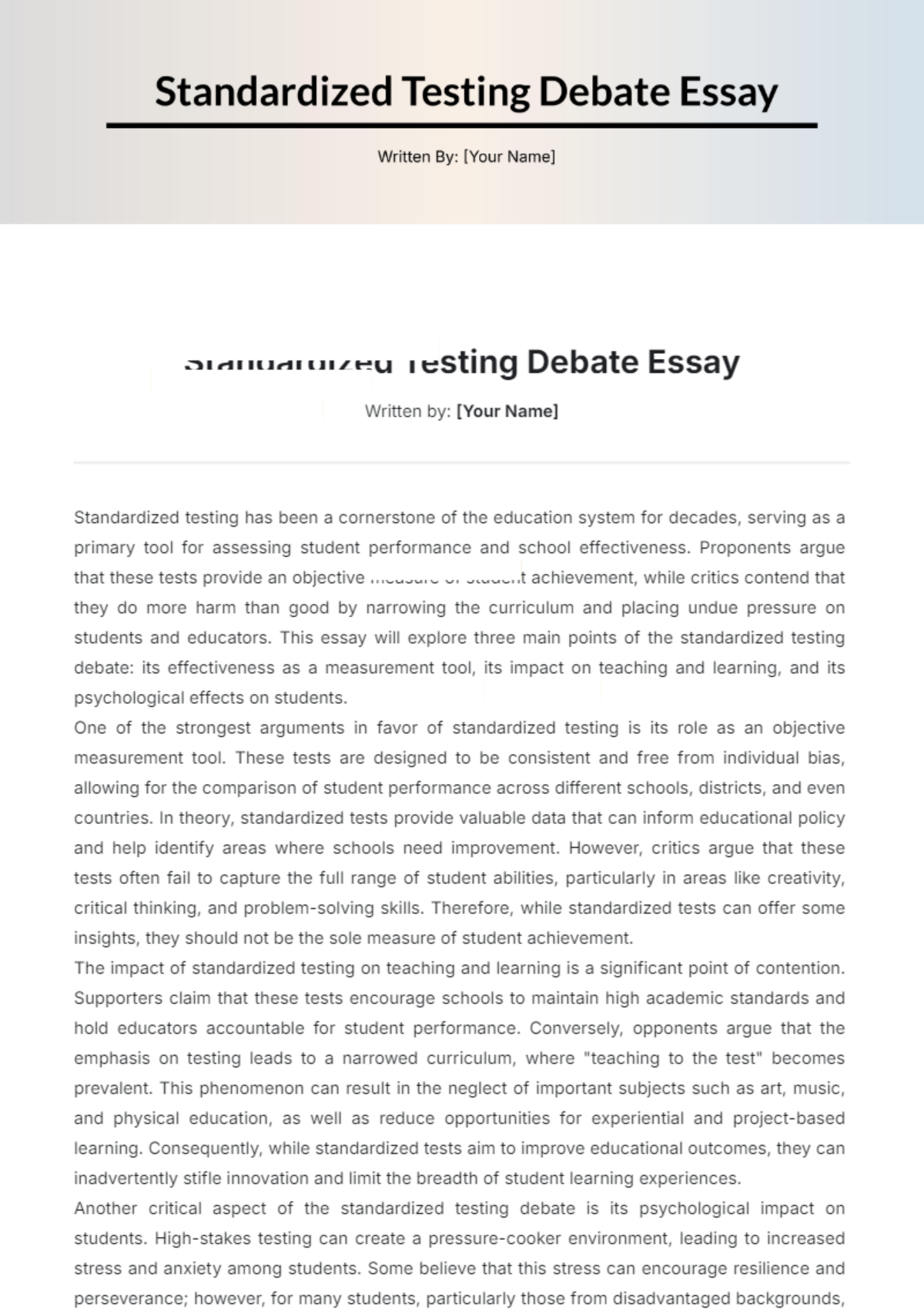 Standardized Testing Debate Essay Template - Edit Online & Download