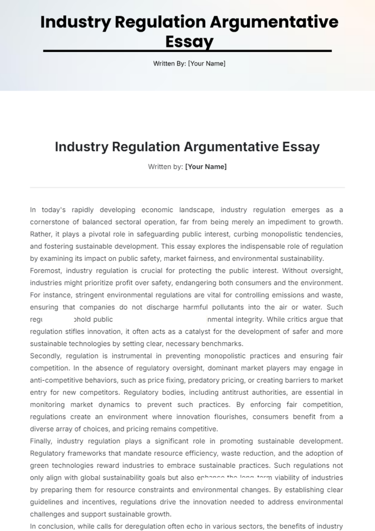 Industry Regulation Argumentative Essay Template - Edit Online & Download