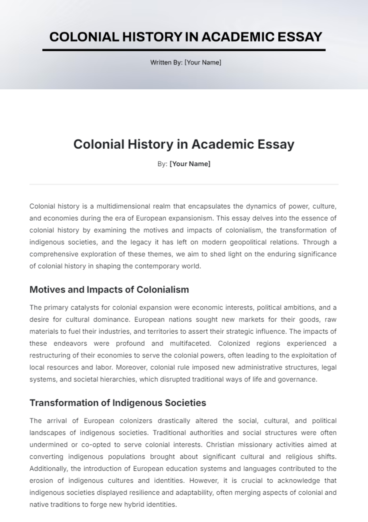 Colonial History in Academic Essay Template - Edit Online & Download