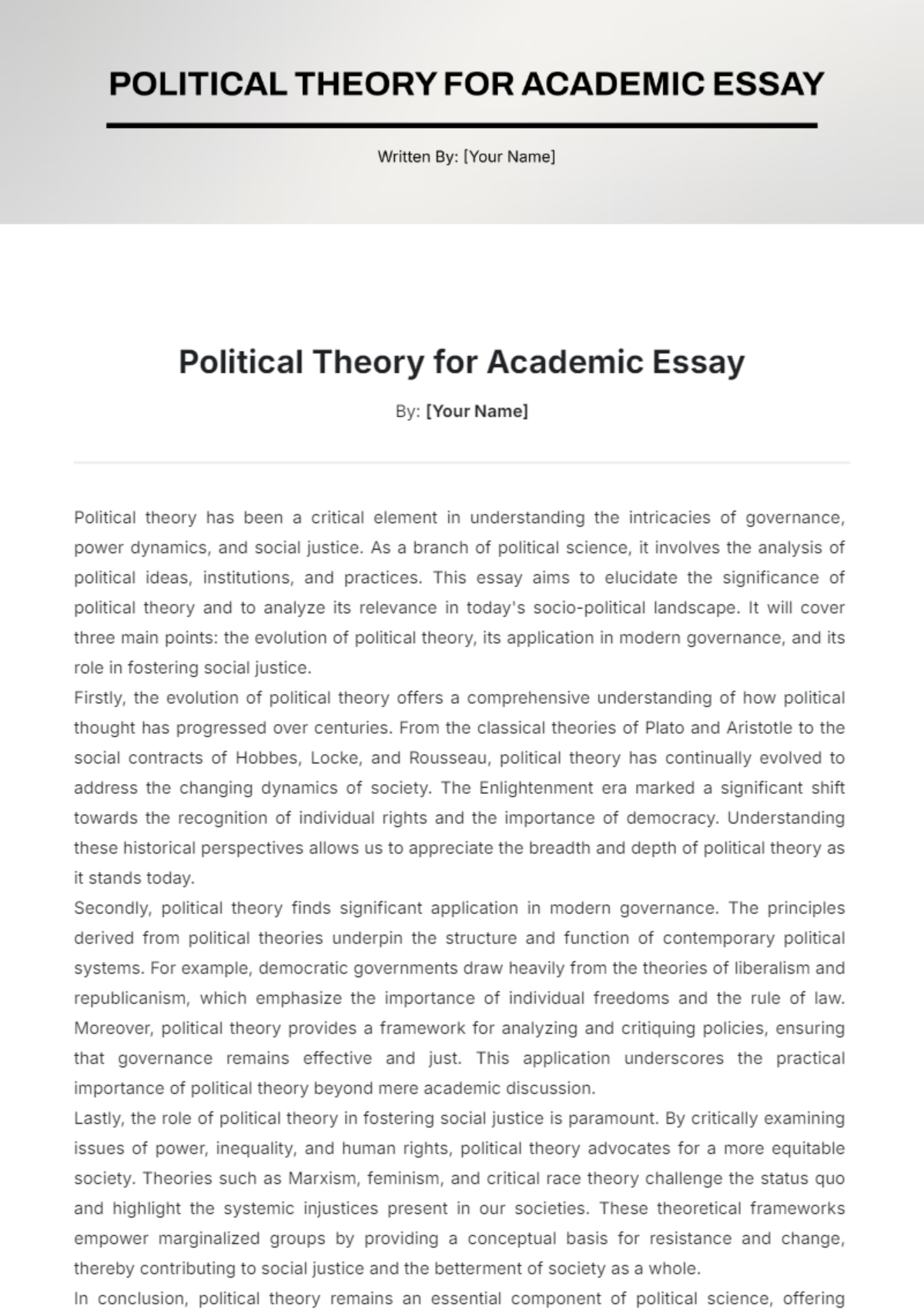 Political Theory for Academic Essay Template - Edit Online & Download