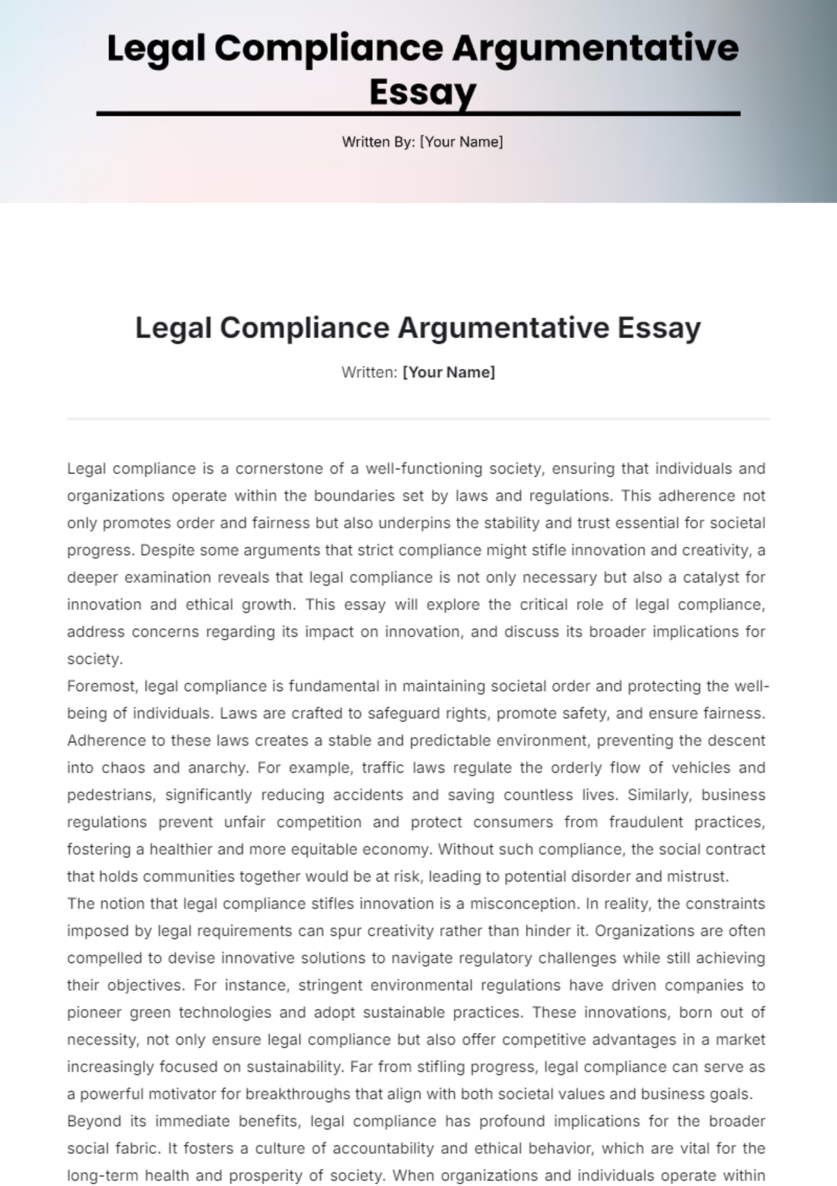 Legal Compliance Argumentative Essay Template - Edit Online & Download