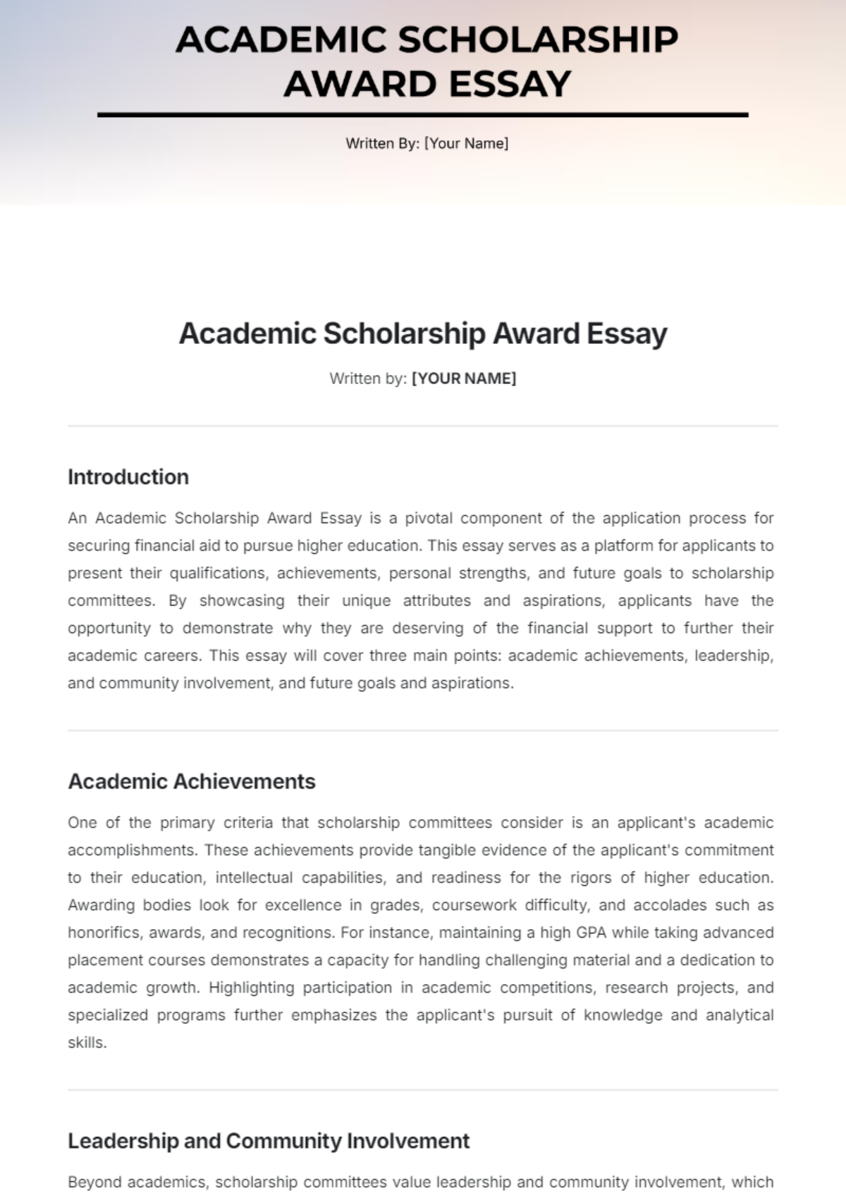 Academic Scholarship Award Essay Template - Edit Online & Download