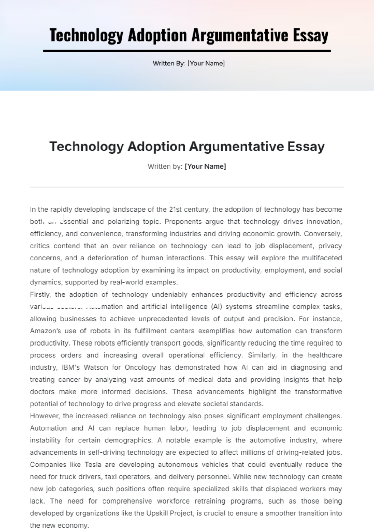 Technology Adoption Argumentative Essay Template - Edit Online & Download