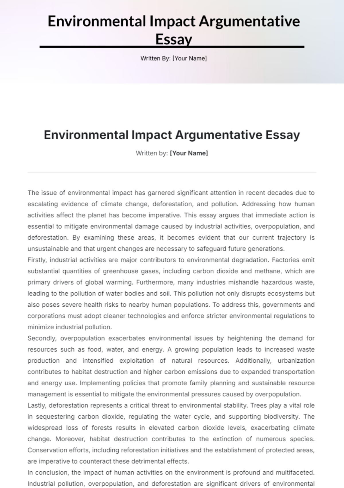 Environmental Impact Argumentative Essay Template - Edit Online & Download