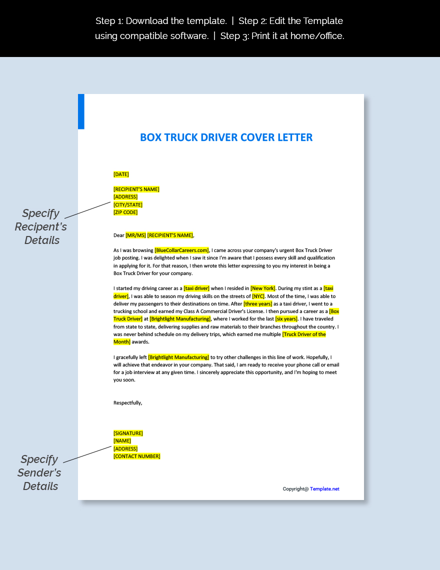 Box Truck Driver Cover Letter Template