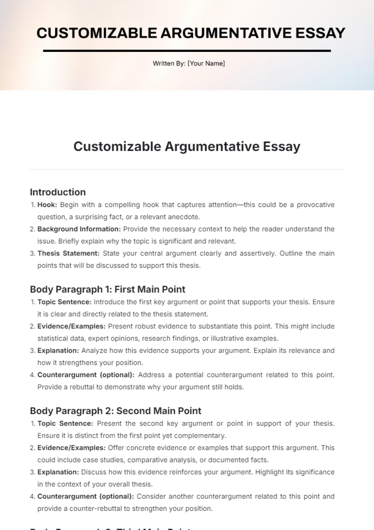 Customizable Argumentative Essay Template - Edit Online & Download